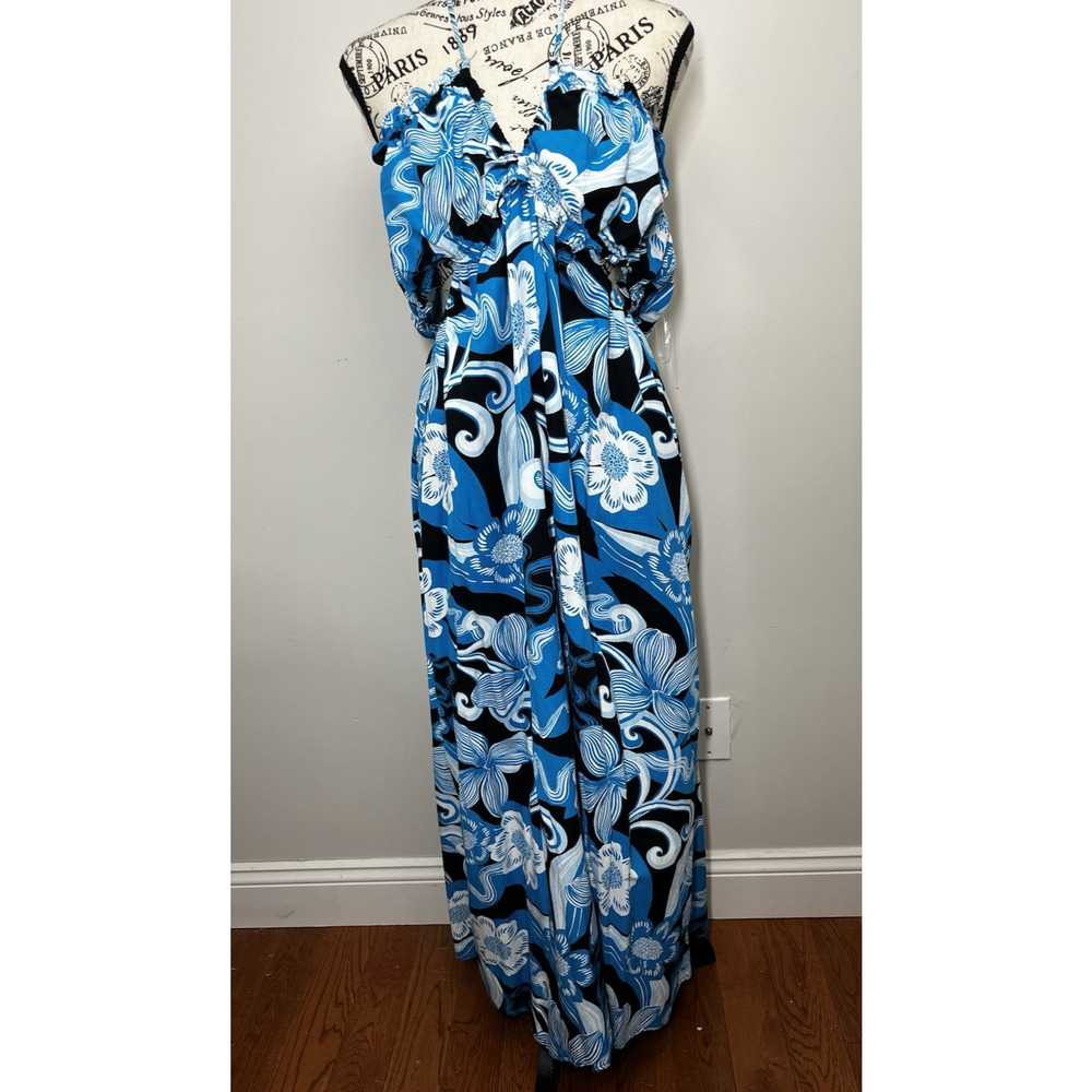 Future Collective Halter Cut Out Floral Dress Large Blue Tropical Sundress